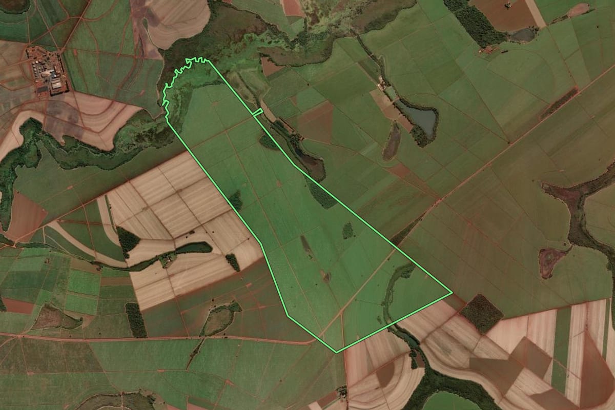 Imagem de satélite do imóvel rural em Morro Agudo (SP), com o contorno declarado no CAR desenhado por cima.