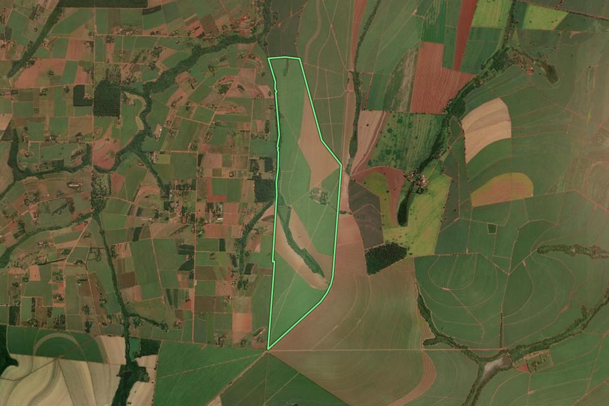 Imagem de satélite do imóvel rural em Motuca (SP), com o contorno declarado no CAR desenhado por cima.