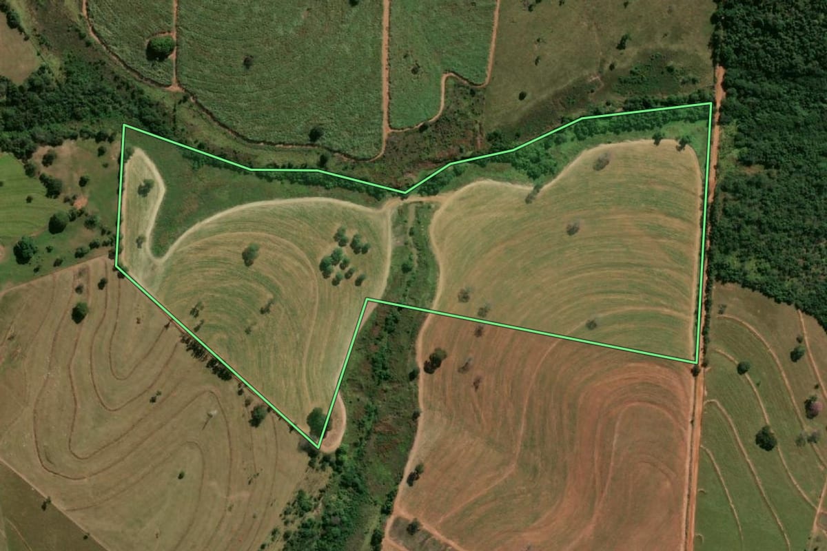 Imagem de satélite do imóvel rural em Murutinga do Sul (SP), com o contorno declarado no CAR desenhado por cima.