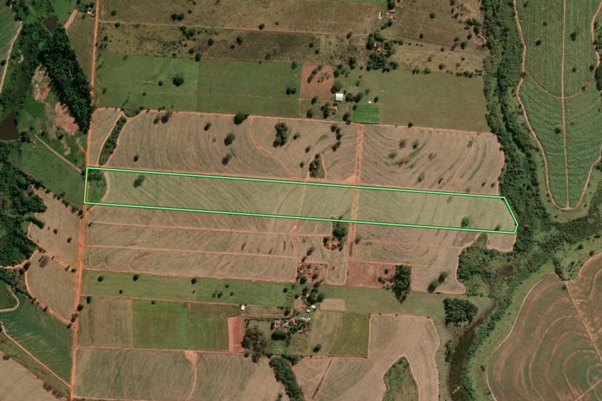 Imagem de satélite do imóvel rural em Murutinga do Sul (SP), com o contorno declarado no CAR desenhado por cima.