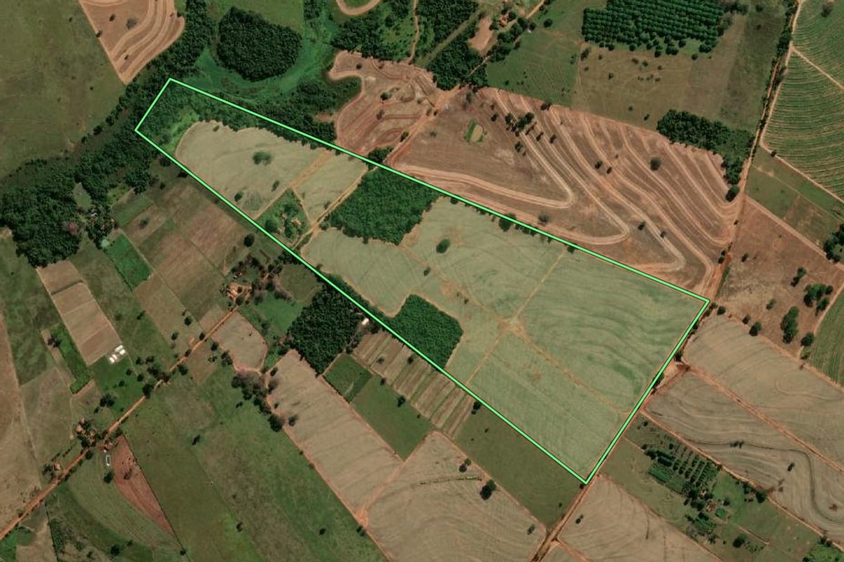 Imagem de satélite do imóvel rural em Murutinga do Sul (SP), com o contorno declarado no CAR desenhado por cima.