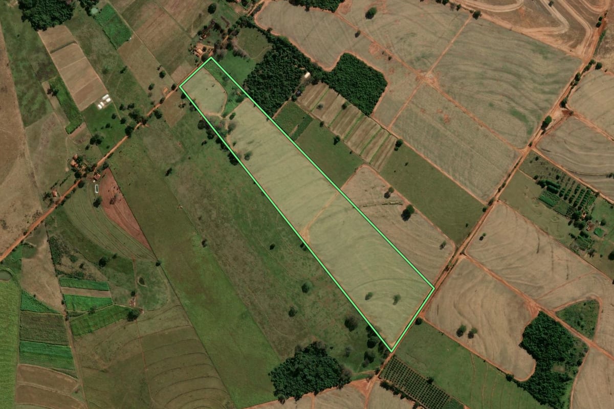 Imagem de satélite do imóvel rural em Murutinga do Sul (SP), com o contorno declarado no CAR desenhado por cima.