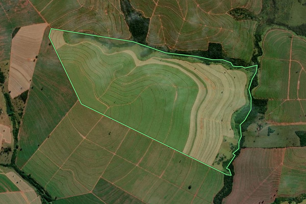 Imagem de satélite do imóvel rural em Nantes (SP), com o contorno declarado no CAR desenhado por cima.