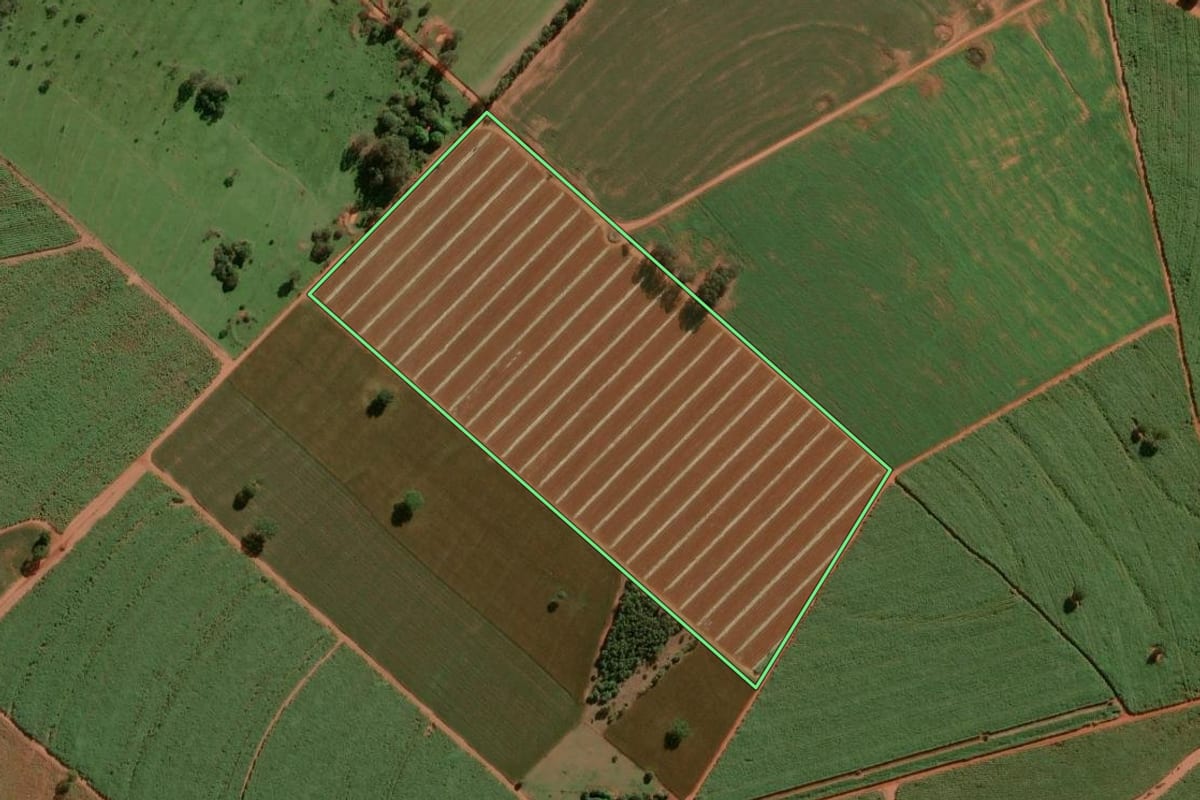 Imagem de satélite do imóvel rural em Narandiba (SP), com o contorno declarado no CAR desenhado por cima.