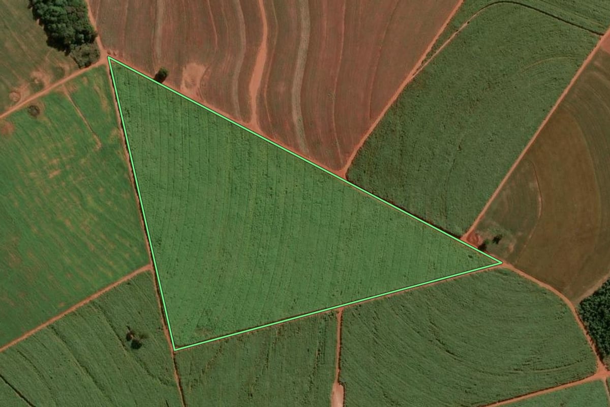 Imagem de satélite do imóvel rural em Narandiba (SP), com o contorno declarado no CAR desenhado por cima.