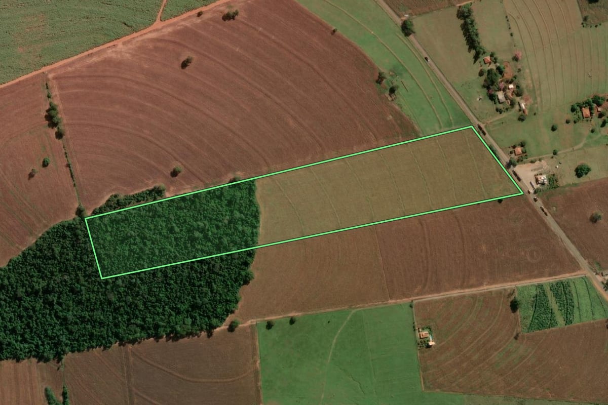 Imagem de satélite do imóvel rural em Narandiba (SP), com o contorno declarado no CAR desenhado por cima.