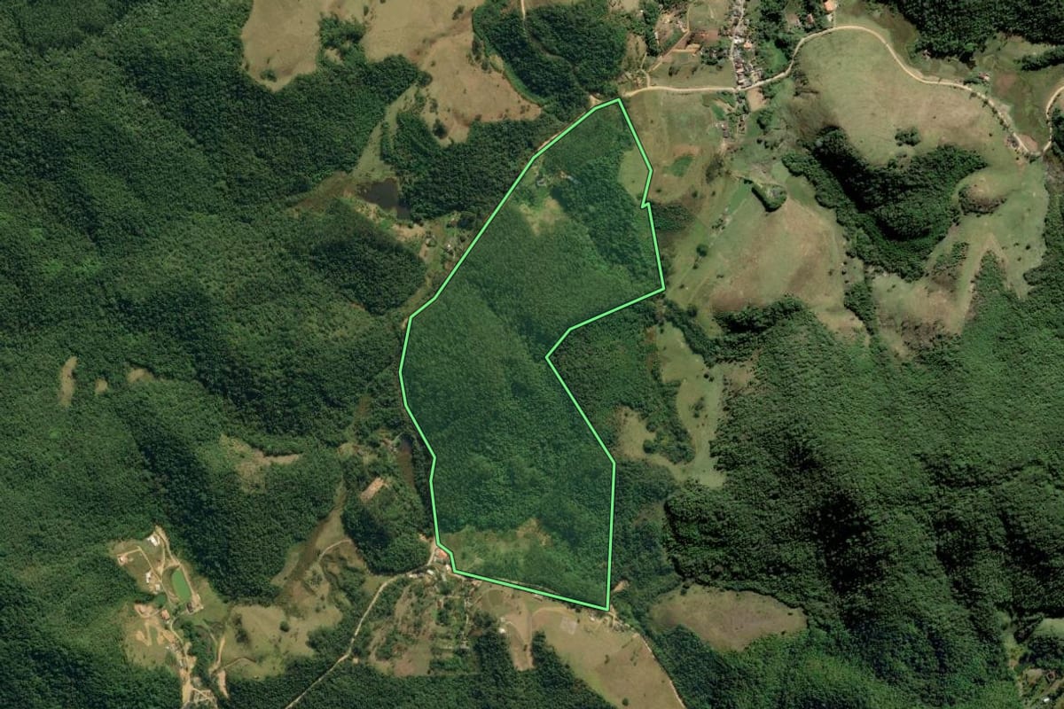 Imagem de satélite do imóvel rural em Natividade da Serra (SP), com o contorno declarado no CAR desenhado por cima.