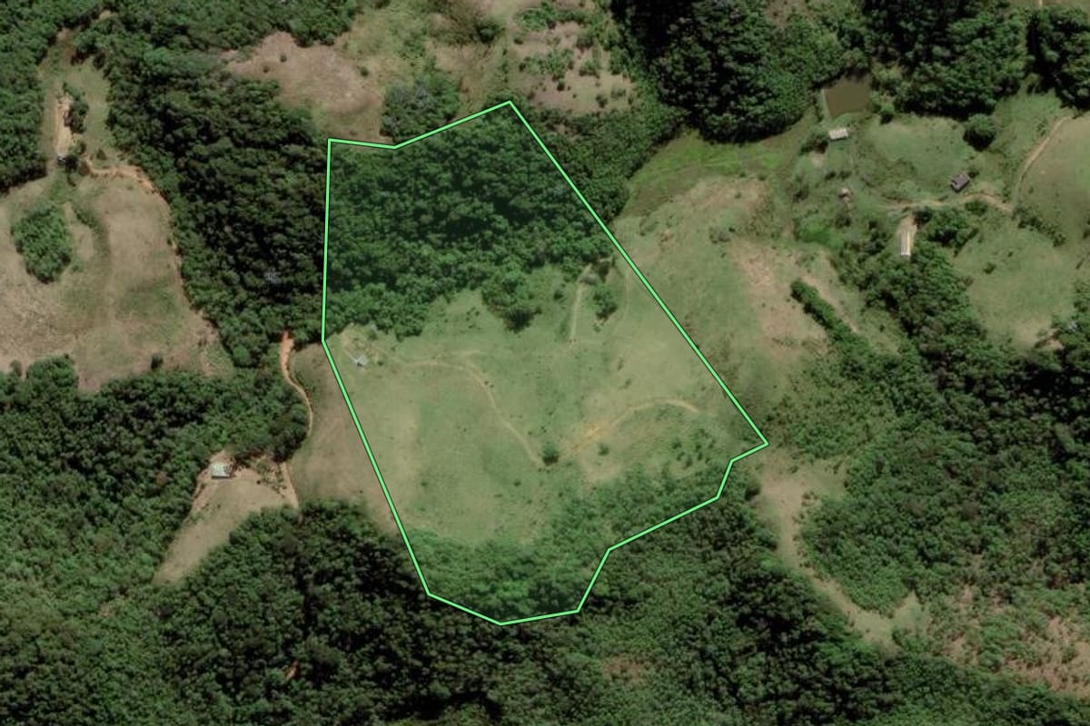 Imagem de satélite do imóvel rural em Natividade da Serra (SP), com o contorno declarado no CAR desenhado por cima.