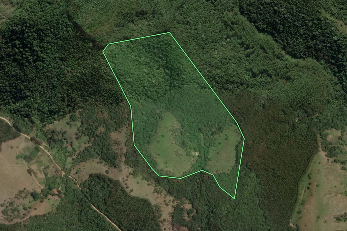 Imagem de satélite do imóvel rural em Natividade da Serra (SP), com o contorno declarado no CAR desenhado por cima.