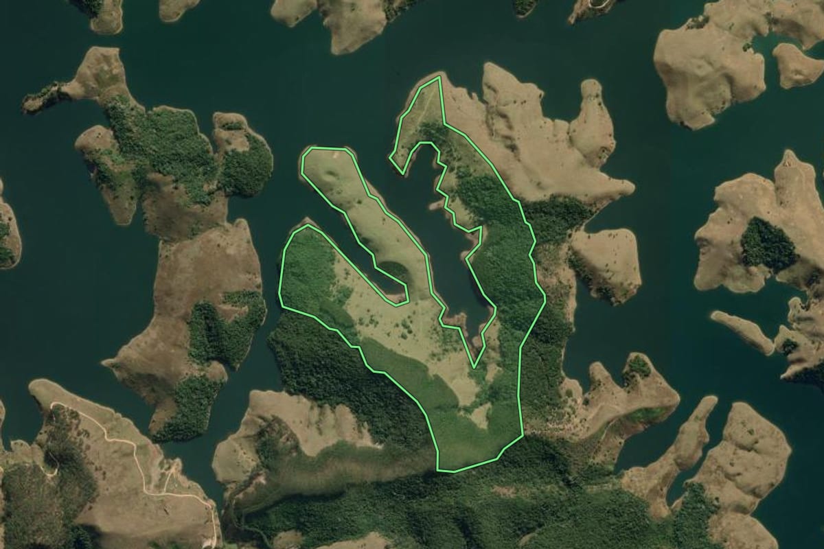 Imagem de satélite do imóvel rural em Natividade da Serra (SP), com o contorno declarado no CAR desenhado por cima.