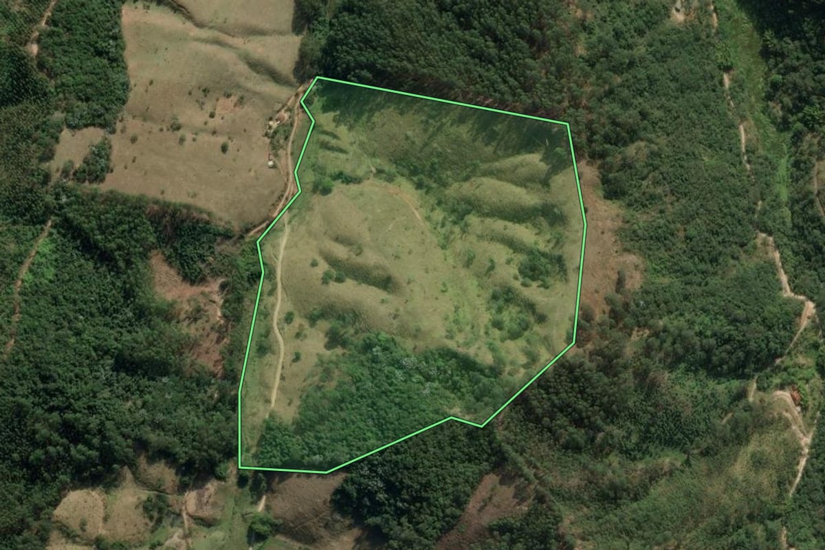 Imagem de satélite do imóvel rural em Natividade da Serra (SP), com o contorno declarado no CAR desenhado por cima.