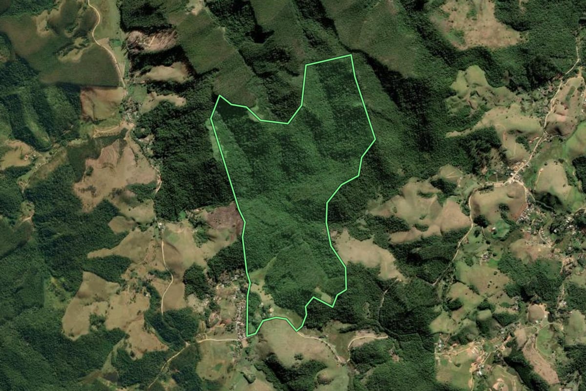 Imagem de satélite do imóvel rural em Natividade da Serra (SP), com o contorno declarado no CAR desenhado por cima.
