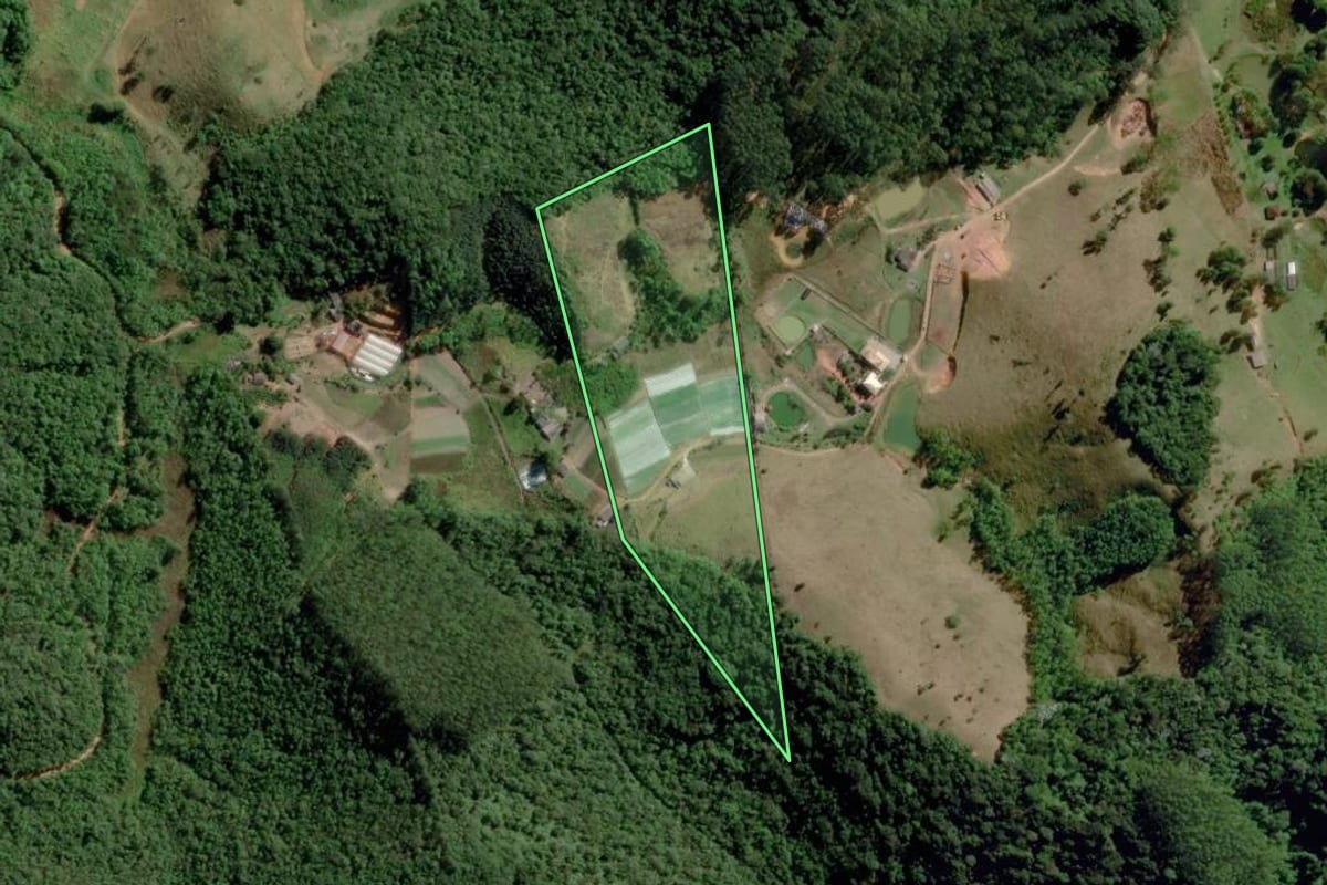 Imagem de satélite do imóvel rural em Natividade da Serra (SP), com o contorno declarado no CAR desenhado por cima.