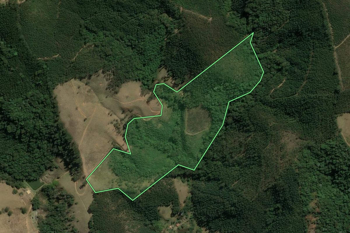 Imagem de satélite do imóvel rural em Nazaré Paulista (SP), com o contorno declarado no CAR desenhado por cima.
