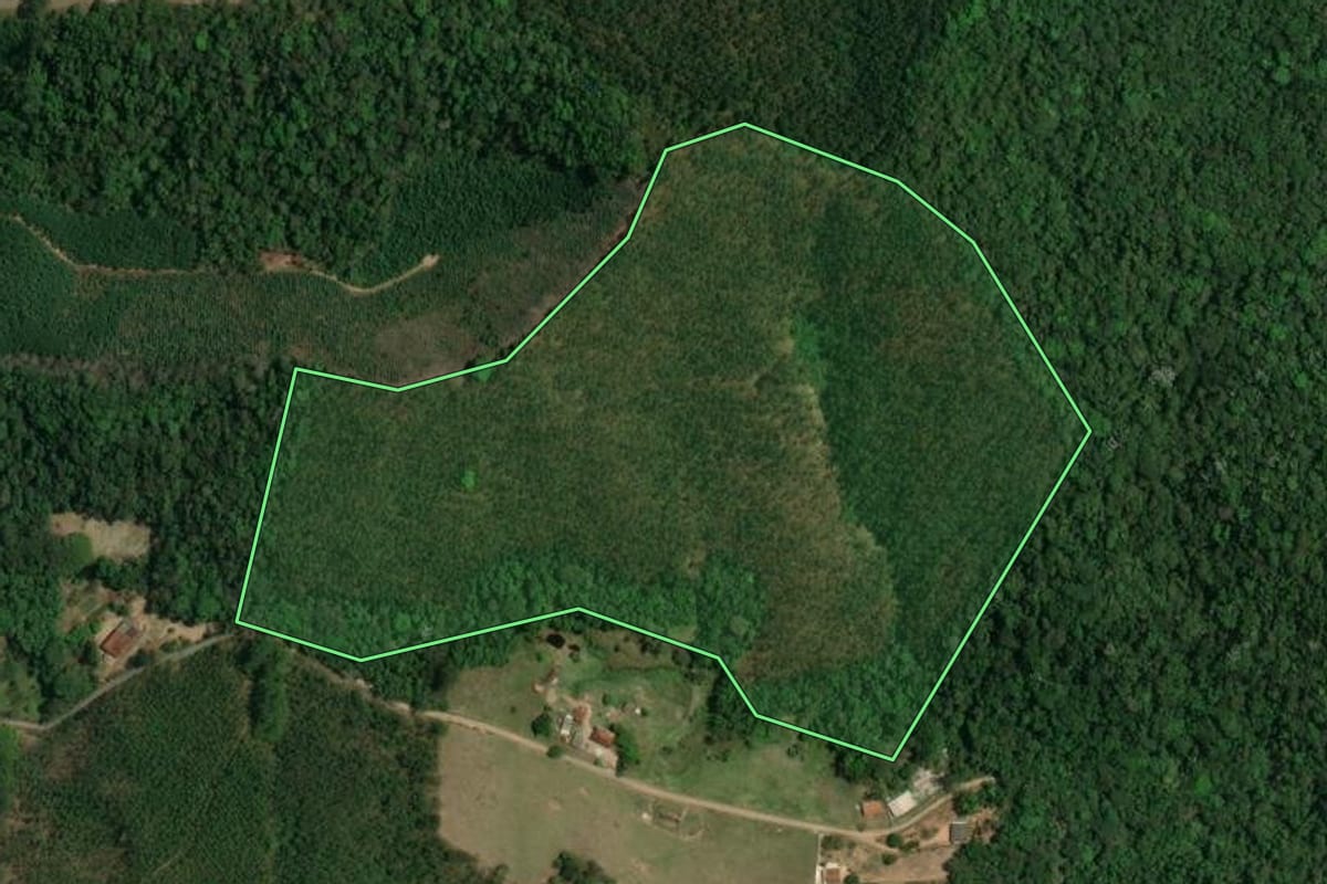 Imagem de satélite do imóvel rural em Nazaré Paulista (SP), com o contorno declarado no CAR desenhado por cima.