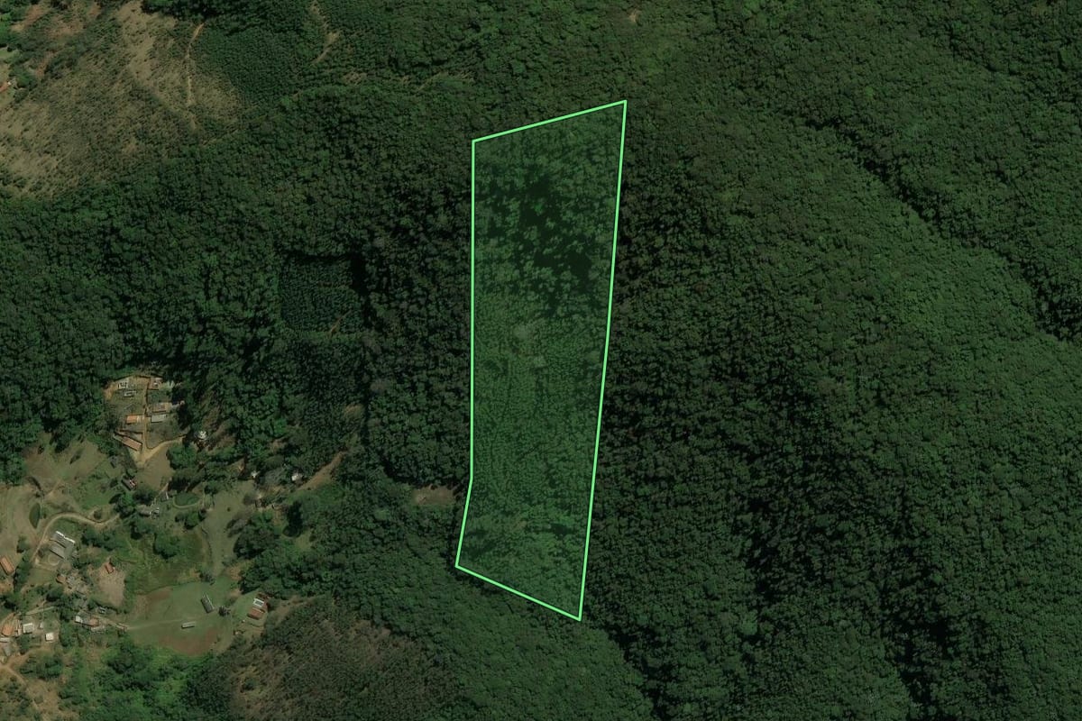 Imagem de satélite do imóvel rural em Nazaré Paulista (SP), com o contorno declarado no CAR desenhado por cima.