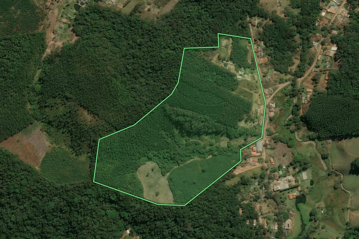 Imagem de satélite do imóvel rural em Nazaré Paulista (SP), com o contorno declarado no CAR desenhado por cima.