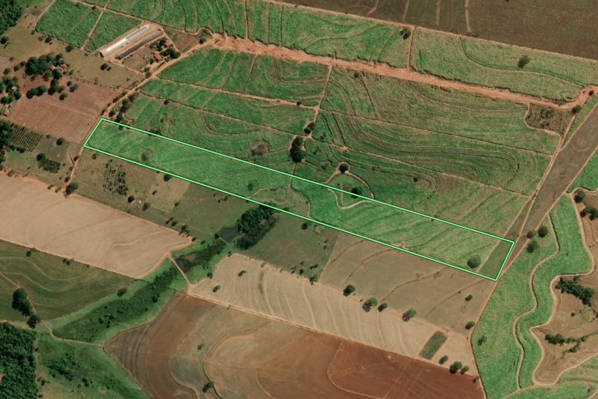 Imagem de satélite do imóvel rural em Neves Paulista (SP), com o contorno declarado no CAR desenhado por cima.