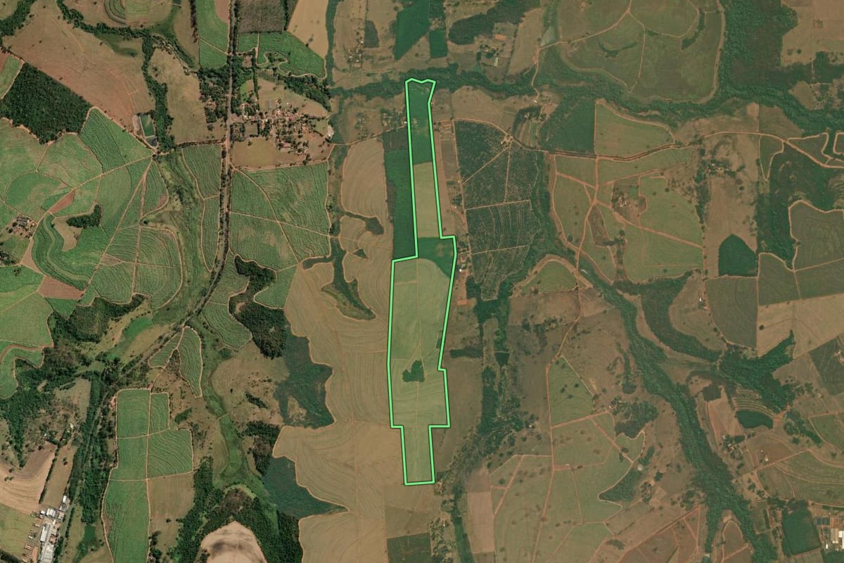 Imagem de satélite do imóvel rural em Neves Paulista (SP), com o contorno declarado no CAR desenhado por cima.
