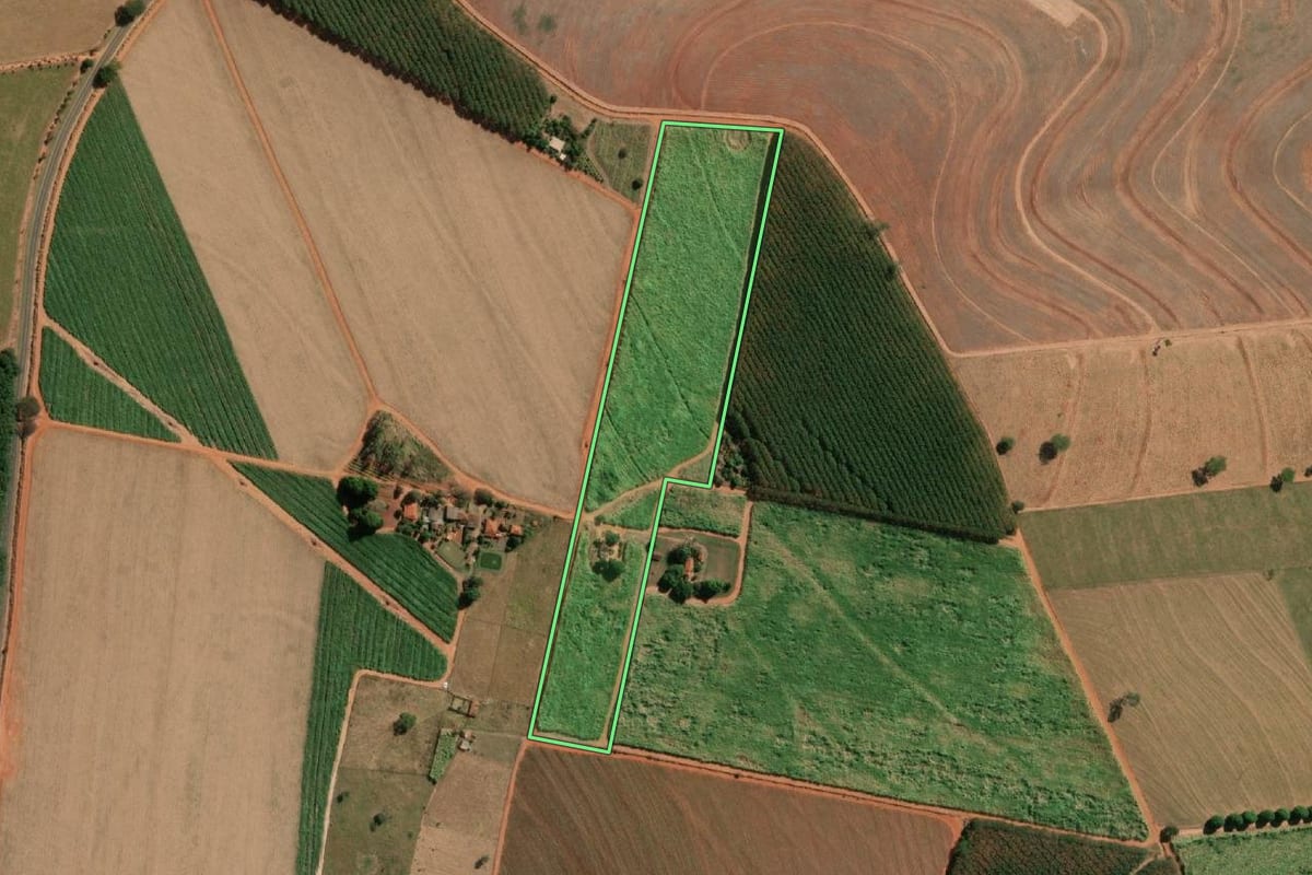 Imagem de satélite do imóvel rural em Neves Paulista (SP), com o contorno declarado no CAR desenhado por cima.