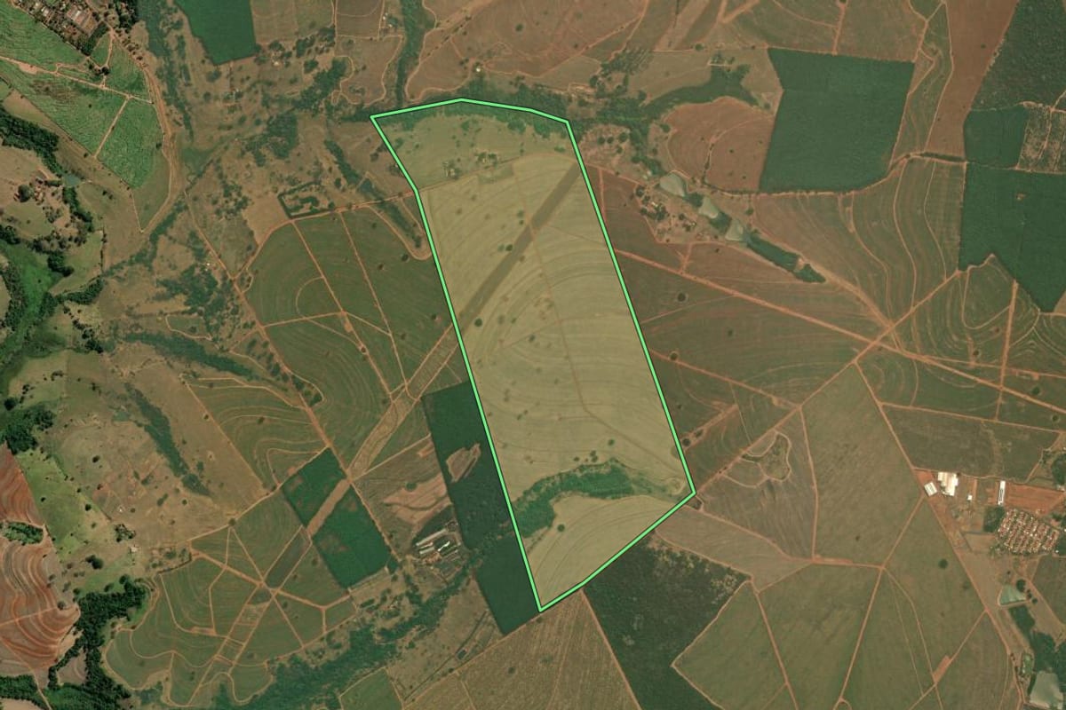 Imagem de satélite do imóvel rural em Neves Paulista (SP), com o contorno declarado no CAR desenhado por cima.