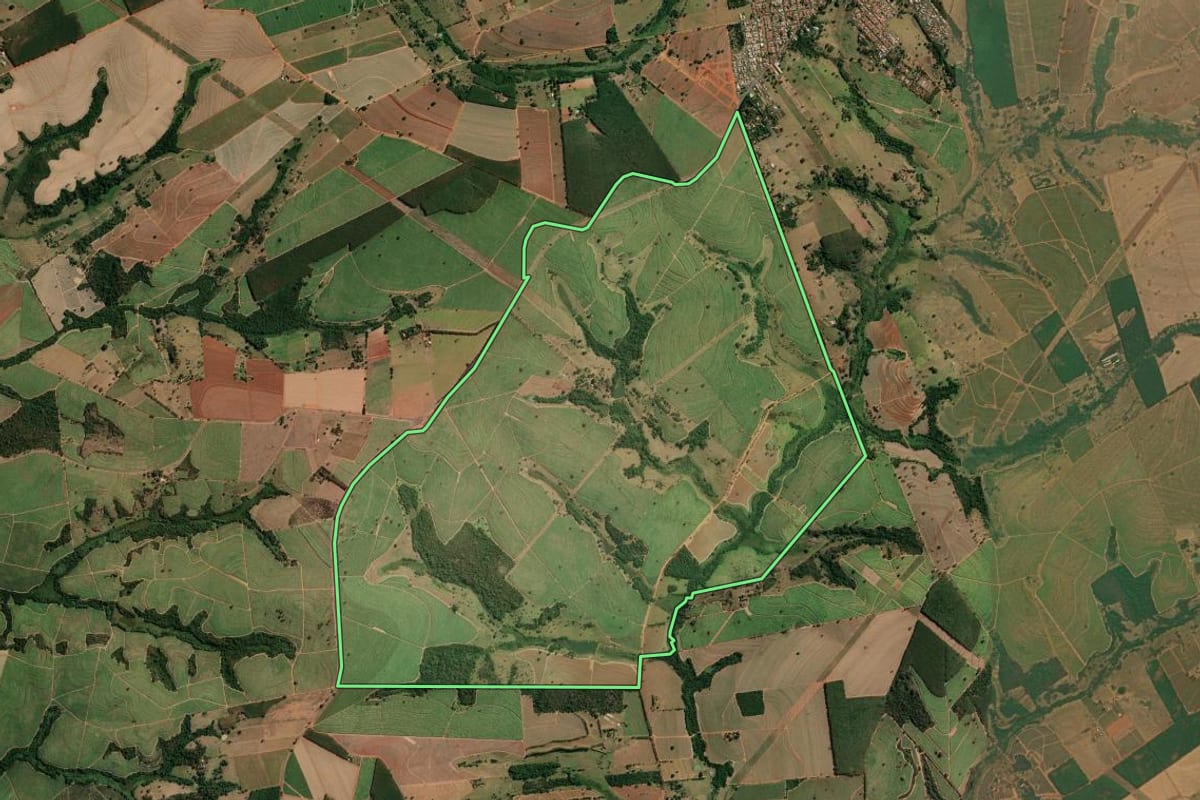 Imagem de satélite do imóvel rural em Neves Paulista (SP), com o contorno declarado no CAR desenhado por cima.