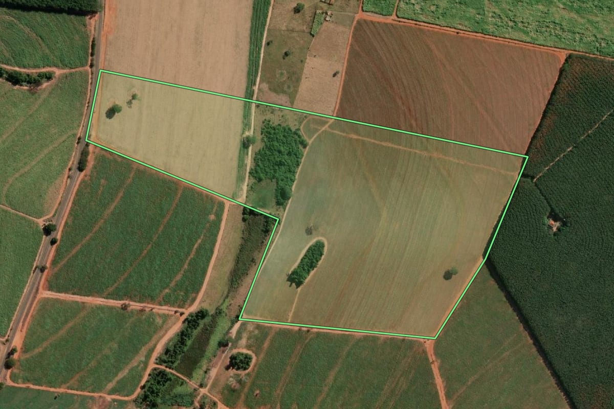Imagem de satélite do imóvel rural em Neves Paulista (SP), com o contorno declarado no CAR desenhado por cima.