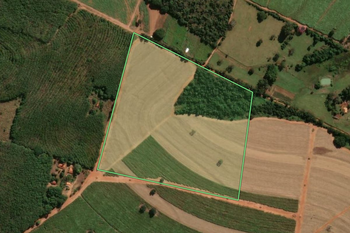 Imagem de satélite do imóvel rural em Nhandeara (SP), com o contorno declarado no CAR desenhado por cima.