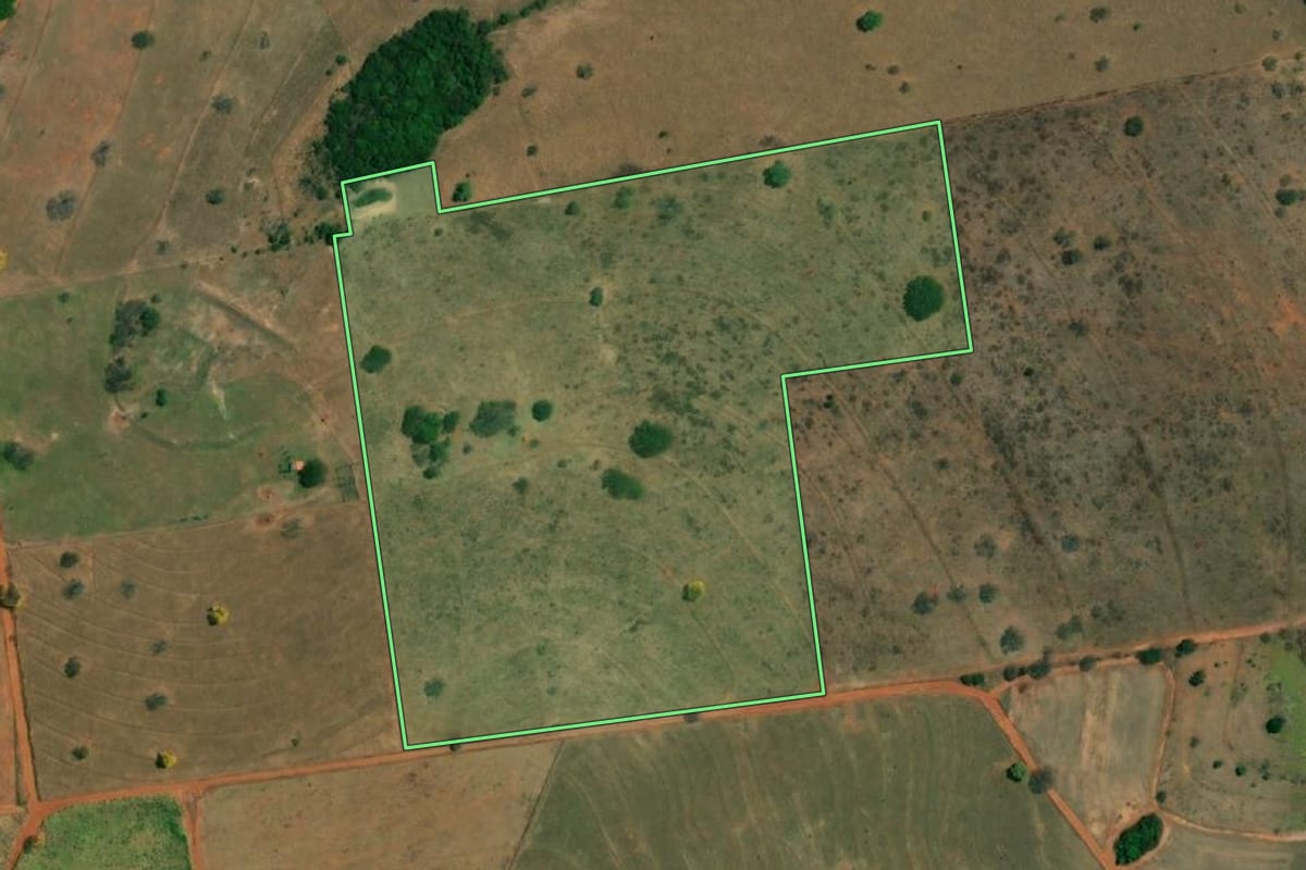 Imagem de satélite do imóvel rural em Nhandeara (SP), com o contorno declarado no CAR desenhado por cima.