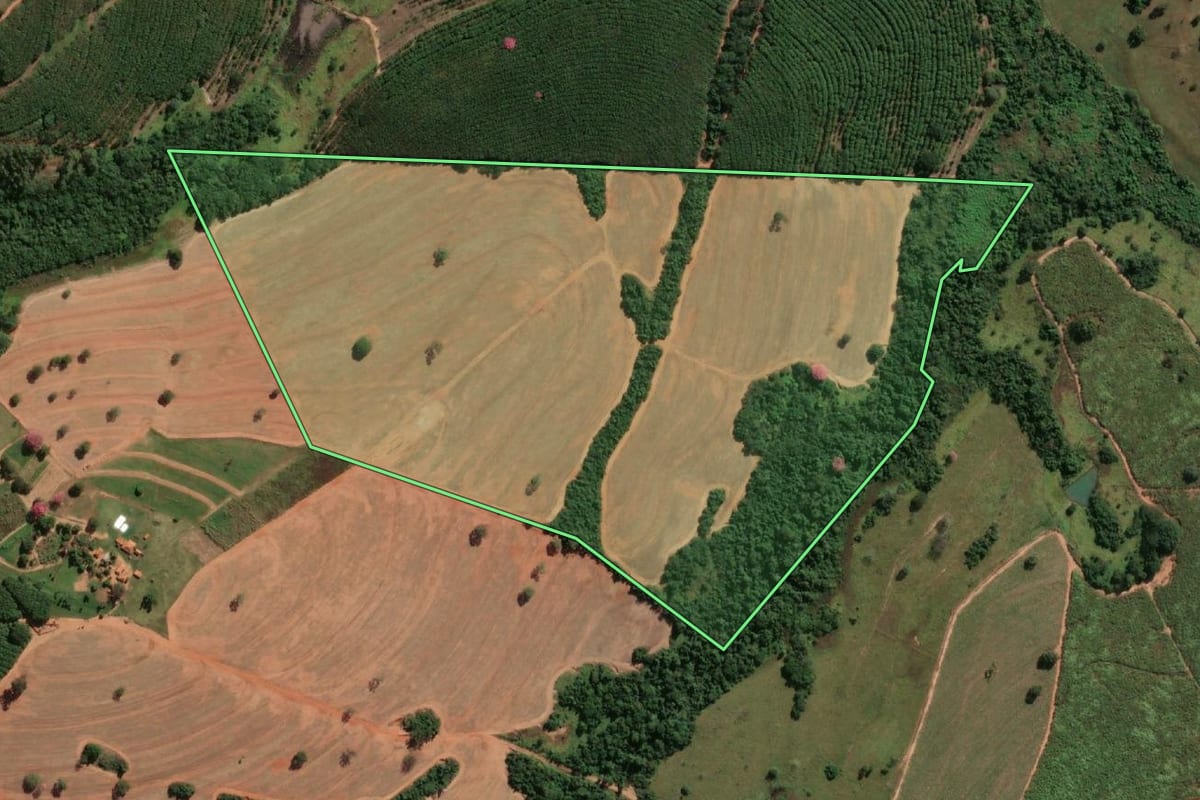 Imagem de satélite do imóvel rural em Nhandeara (SP), com o contorno declarado no CAR desenhado por cima.