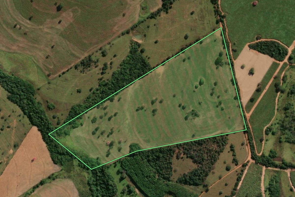 Imagem de satélite do imóvel rural em Nhandeara (SP), com o contorno declarado no CAR desenhado por cima.