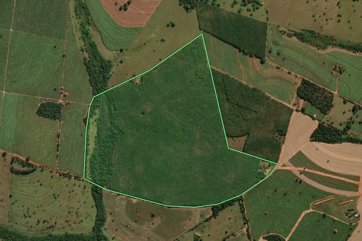 Imagem de satélite do imóvel rural em Nhandeara (SP), com o contorno declarado no CAR desenhado por cima.