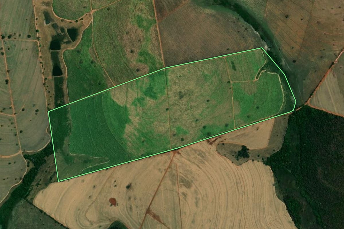 Imagem de satélite do imóvel rural em Nhandeara (SP), com o contorno declarado no CAR desenhado por cima.