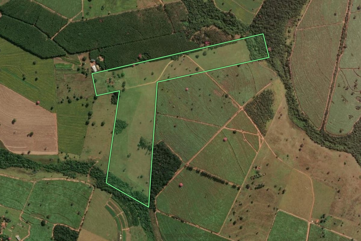 Imagem de satélite do imóvel rural em Nhandeara (SP), com o contorno declarado no CAR desenhado por cima.