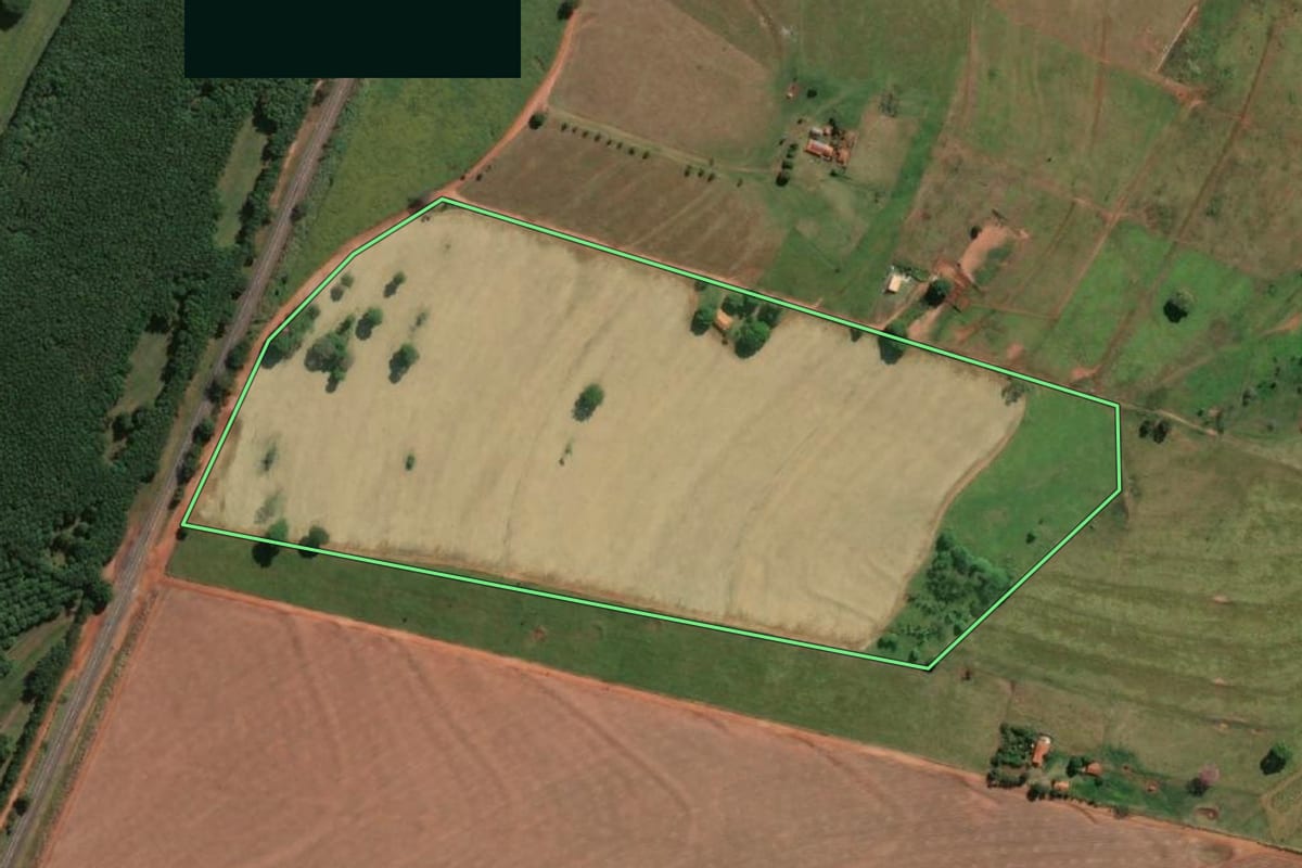 Imagem de satélite do imóvel rural em Nhandeara (SP), com o contorno declarado no CAR desenhado por cima.