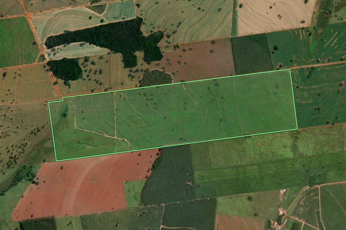 Imagem de satélite do imóvel rural em Nhandeara (SP), com o contorno declarado no CAR desenhado por cima.