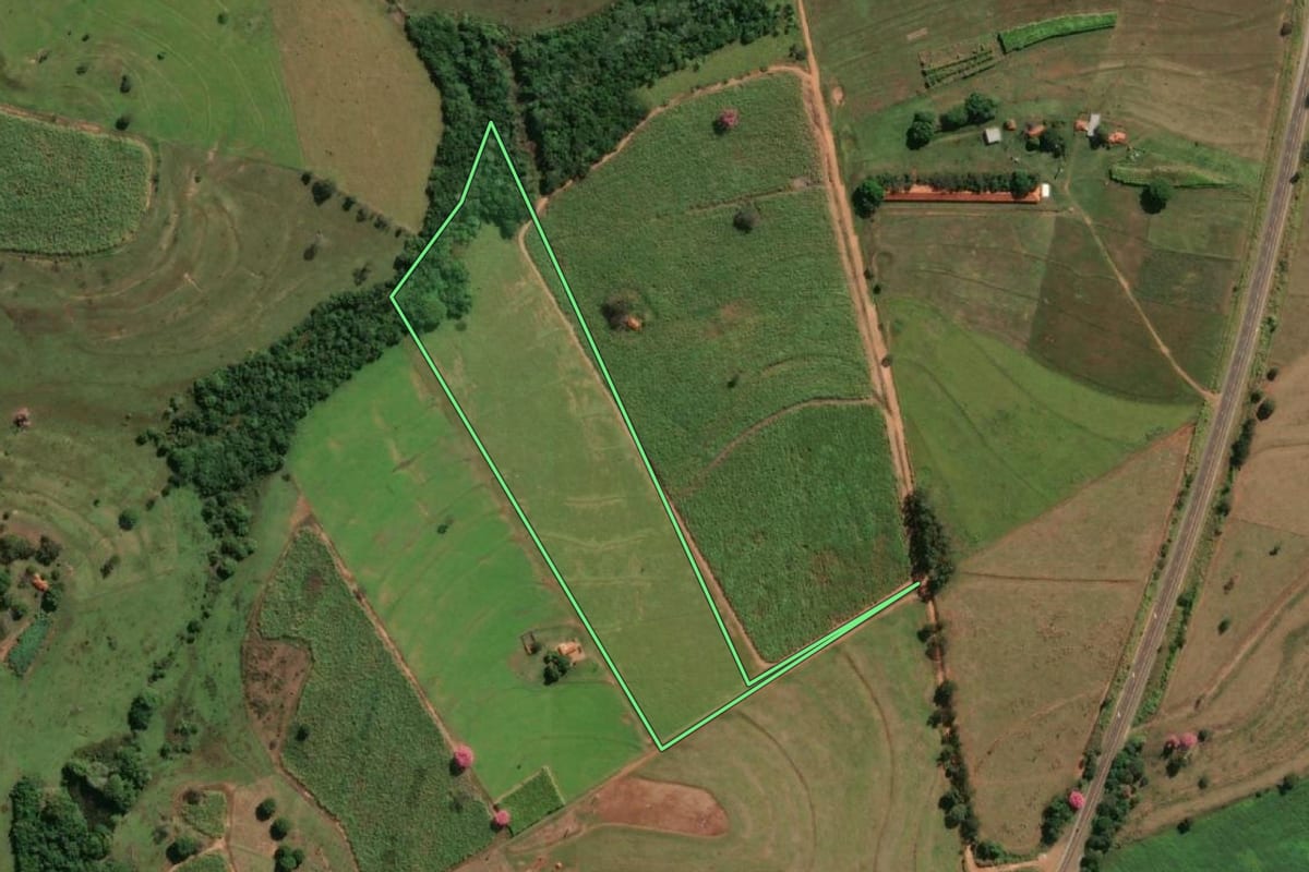 Imagem de satélite do imóvel rural em Nhandeara (SP), com o contorno declarado no CAR desenhado por cima.
