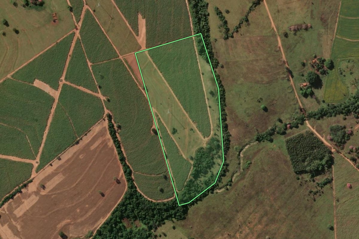 Imagem de satélite do imóvel rural em Nhandeara (SP), com o contorno declarado no CAR desenhado por cima.