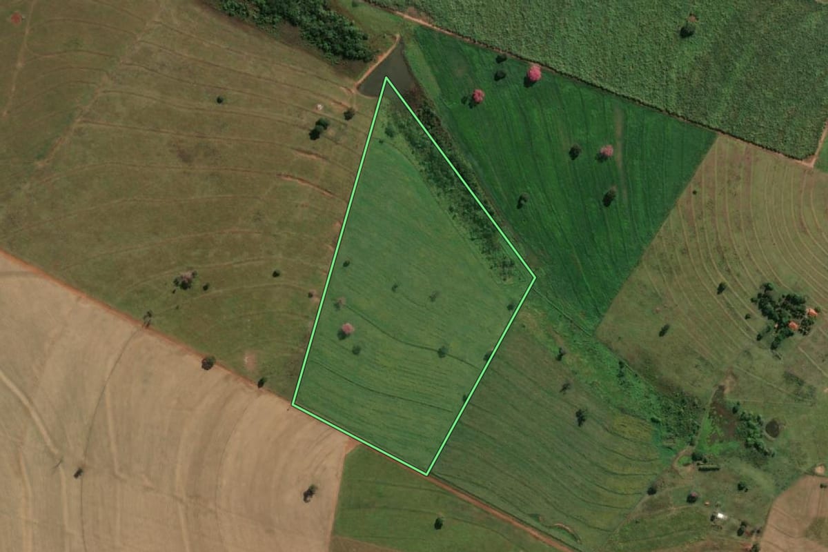 Imagem de satélite do imóvel rural em Nhandeara (SP), com o contorno declarado no CAR desenhado por cima.