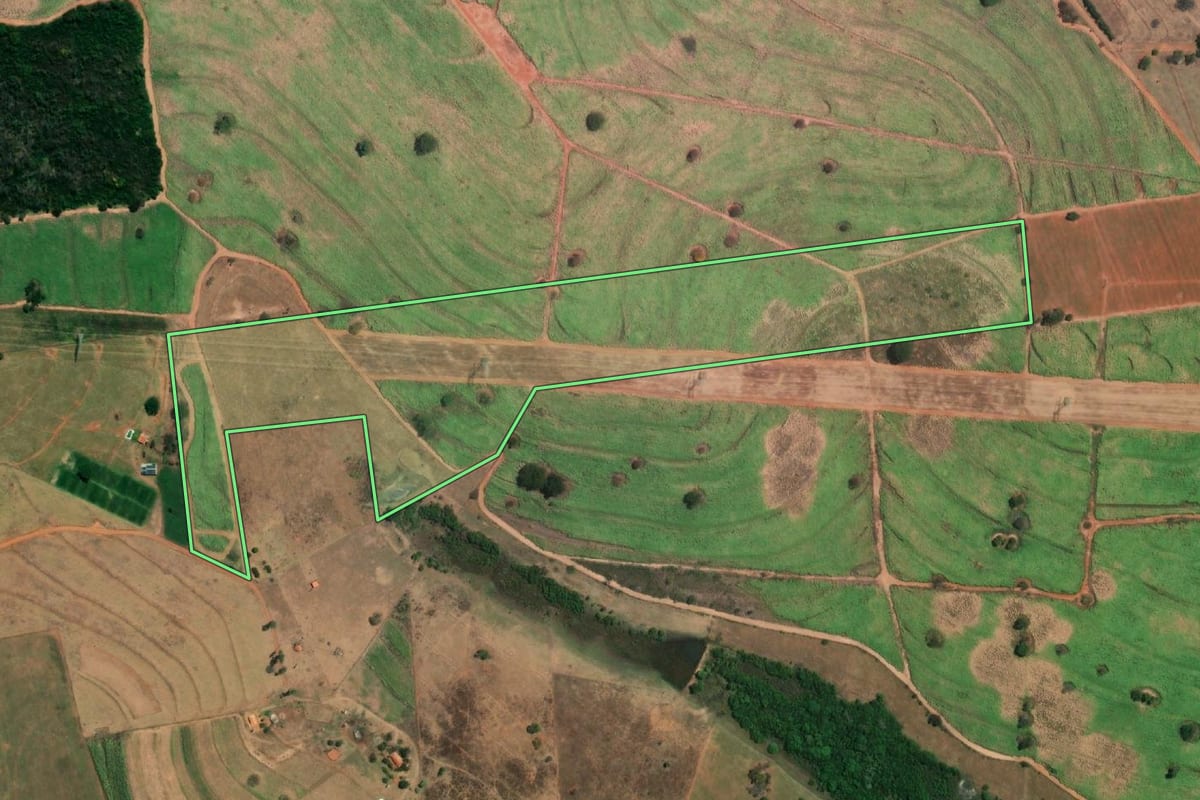 Imagem de satélite do imóvel rural em Nhandeara (SP), com o contorno declarado no CAR desenhado por cima.