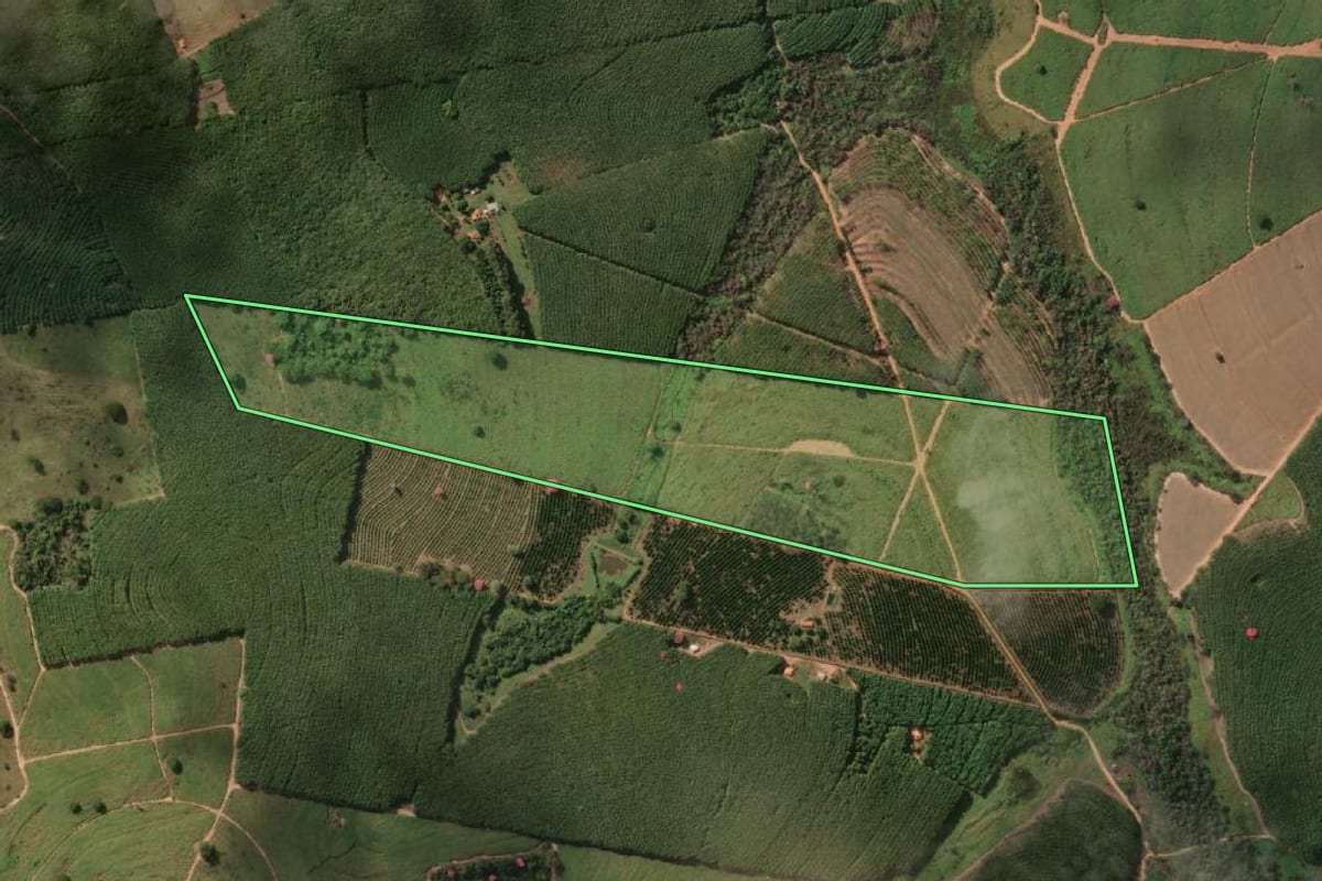Imagem de satélite do imóvel rural em Nhandeara (SP), com o contorno declarado no CAR desenhado por cima.