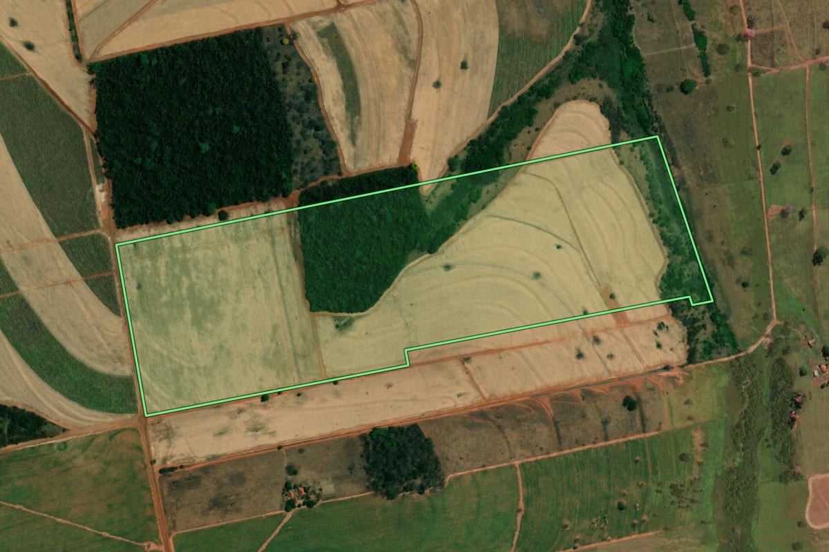 Imagem de satélite do imóvel rural em Nhandeara (SP), com o contorno declarado no CAR desenhado por cima.