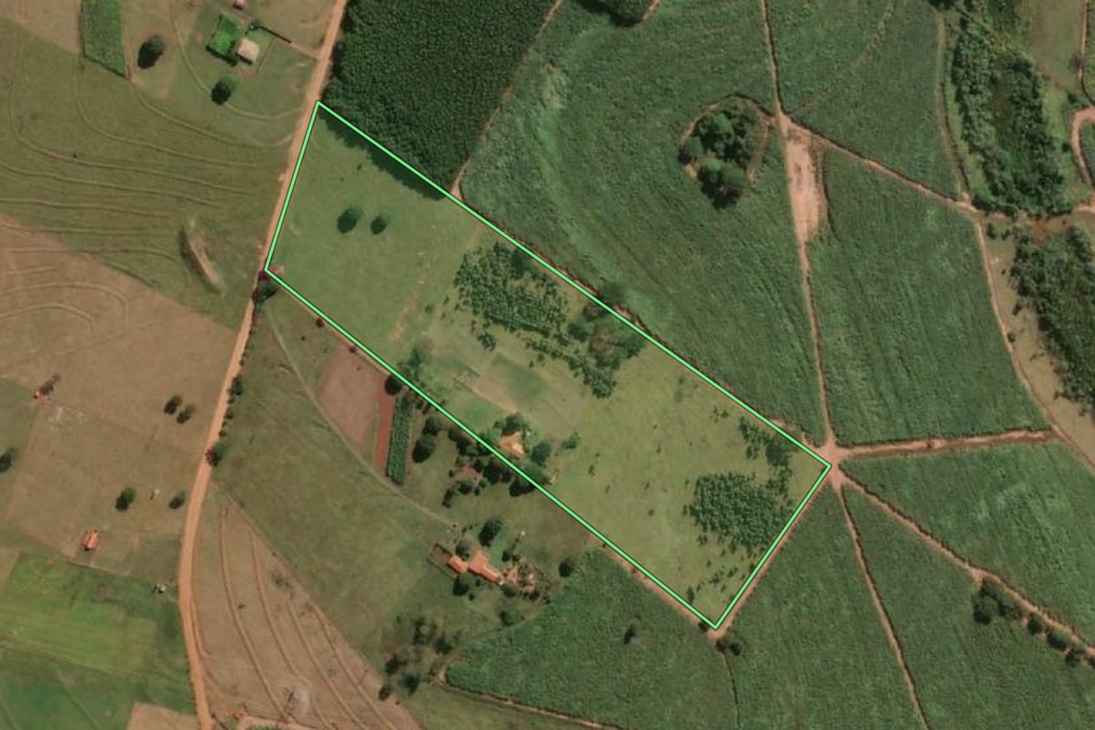 Imagem de satélite do imóvel rural em Nhandeara (SP), com o contorno declarado no CAR desenhado por cima.