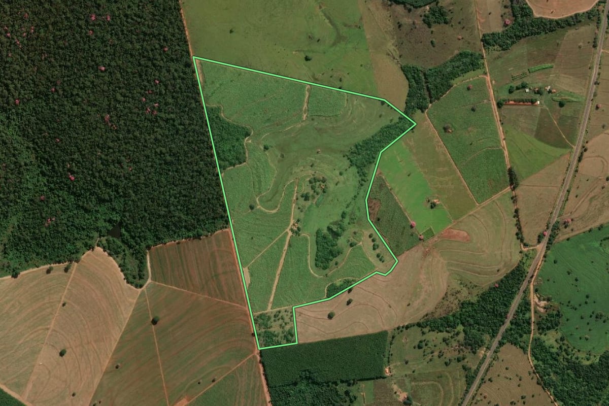 Imagem de satélite do imóvel rural em Nhandeara (SP), com o contorno declarado no CAR desenhado por cima.