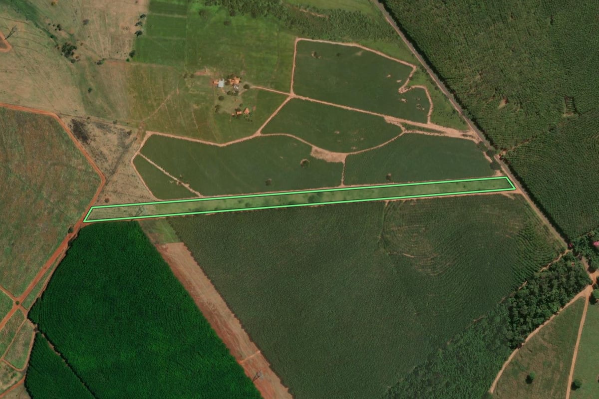 Imagem de satélite do imóvel rural em Nhandeara (SP), com o contorno declarado no CAR desenhado por cima.