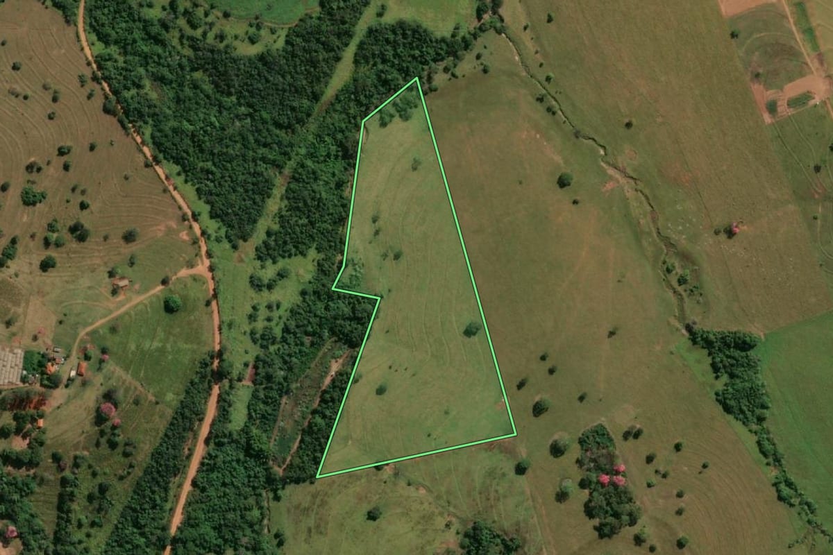 Imagem de satélite do imóvel rural em Nhandeara (SP), com o contorno declarado no CAR desenhado por cima.