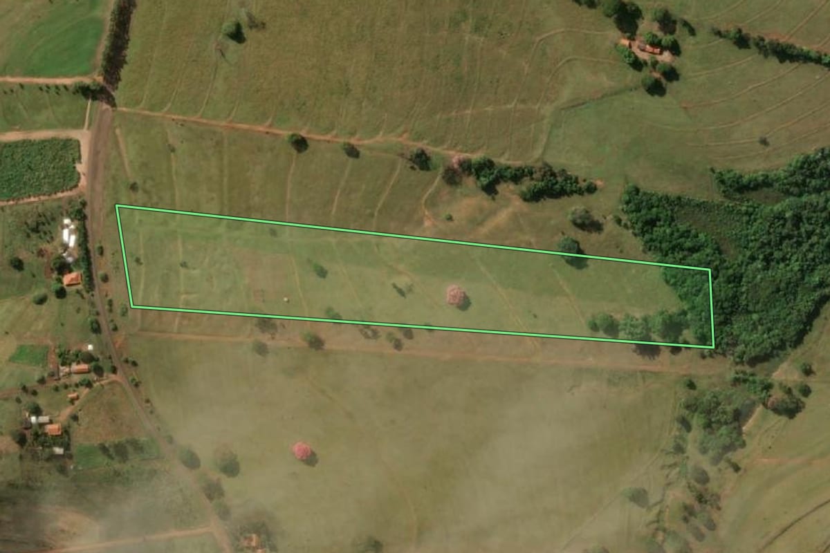 Imagem de satélite do imóvel rural em Nhandeara (SP), com o contorno declarado no CAR desenhado por cima.