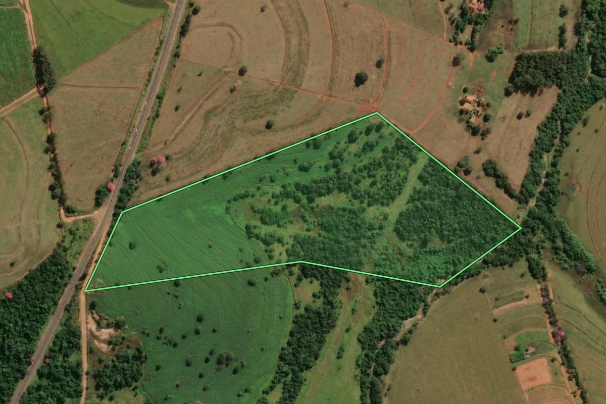 Imagem de satélite do imóvel rural em Nhandeara (SP), com o contorno declarado no CAR desenhado por cima.