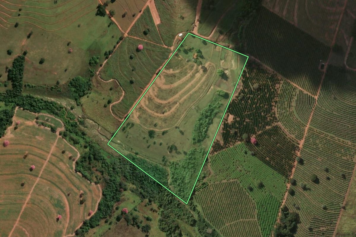 Imagem de satélite do imóvel rural em Nhandeara (SP), com o contorno declarado no CAR desenhado por cima.