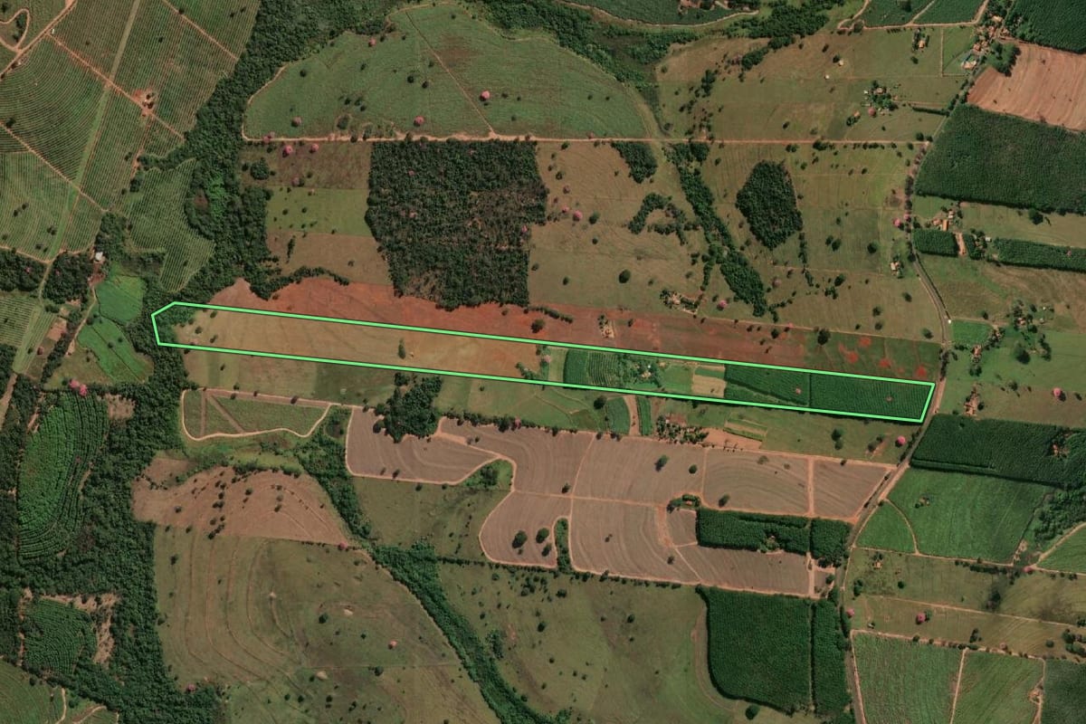 Imagem de satélite do imóvel rural em Nhandeara (SP), com o contorno declarado no CAR desenhado por cima.